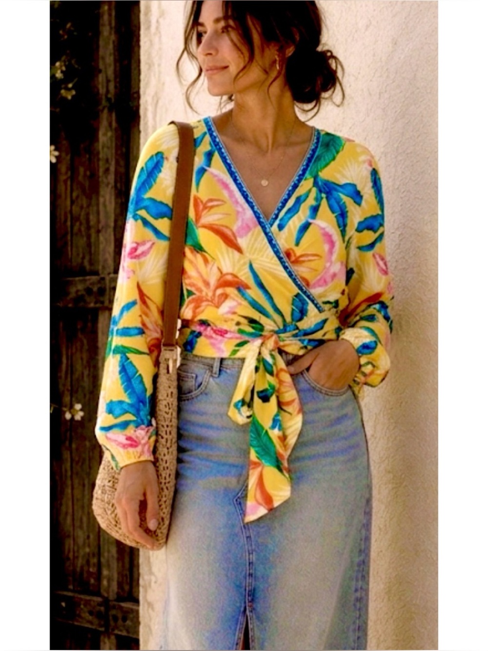 JEALOUS TOMATO TROPICAL COLORFUL WRAP TOP L BALLOON SLEEVES CRUISE RESORT WEAR